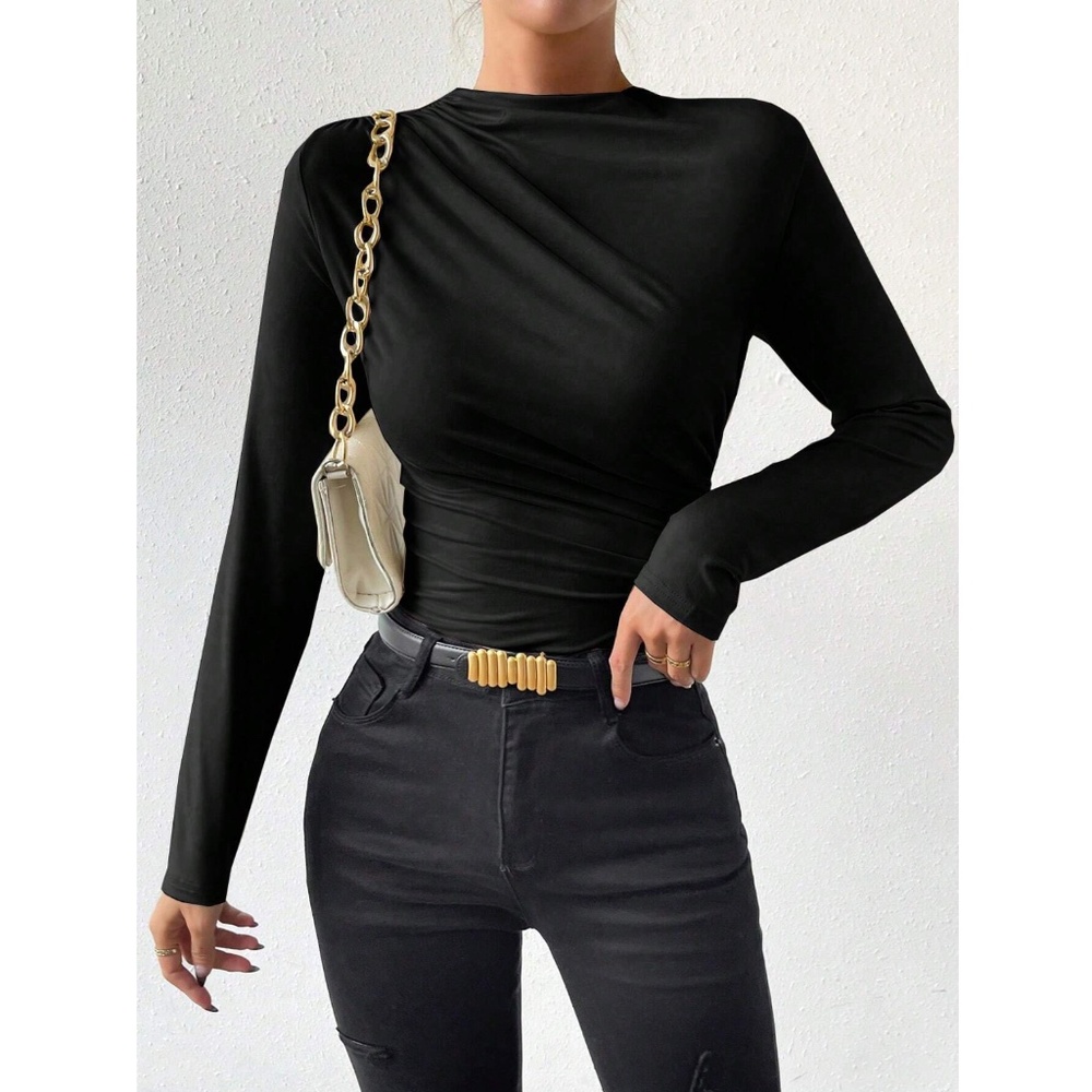 Ruched Asymmetric Black Long Sleeve Bodysuit - Picture 5 of 14